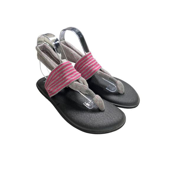 Sanuk Yoga Sling Back Sandals Womens Sz 9 Slip On Comfy Pink Polka Dot Stripes - Picture 1 of 7